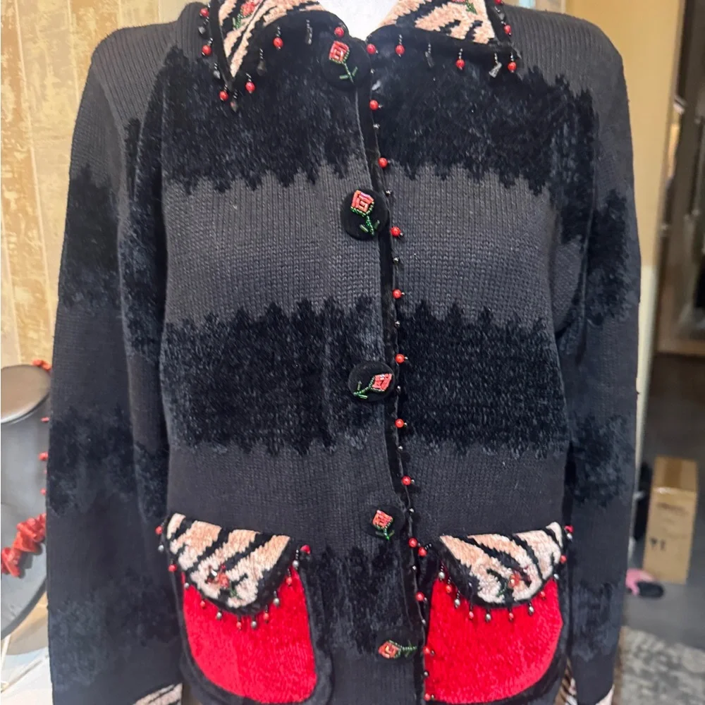 Vintage Berek Classy Black and Red Women's Button‎ Sweater Size Medium